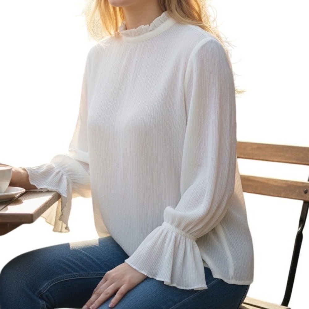 HM White Plisse Pleated Ruffle Neck Bell Sleeve Blouse Top Size 8